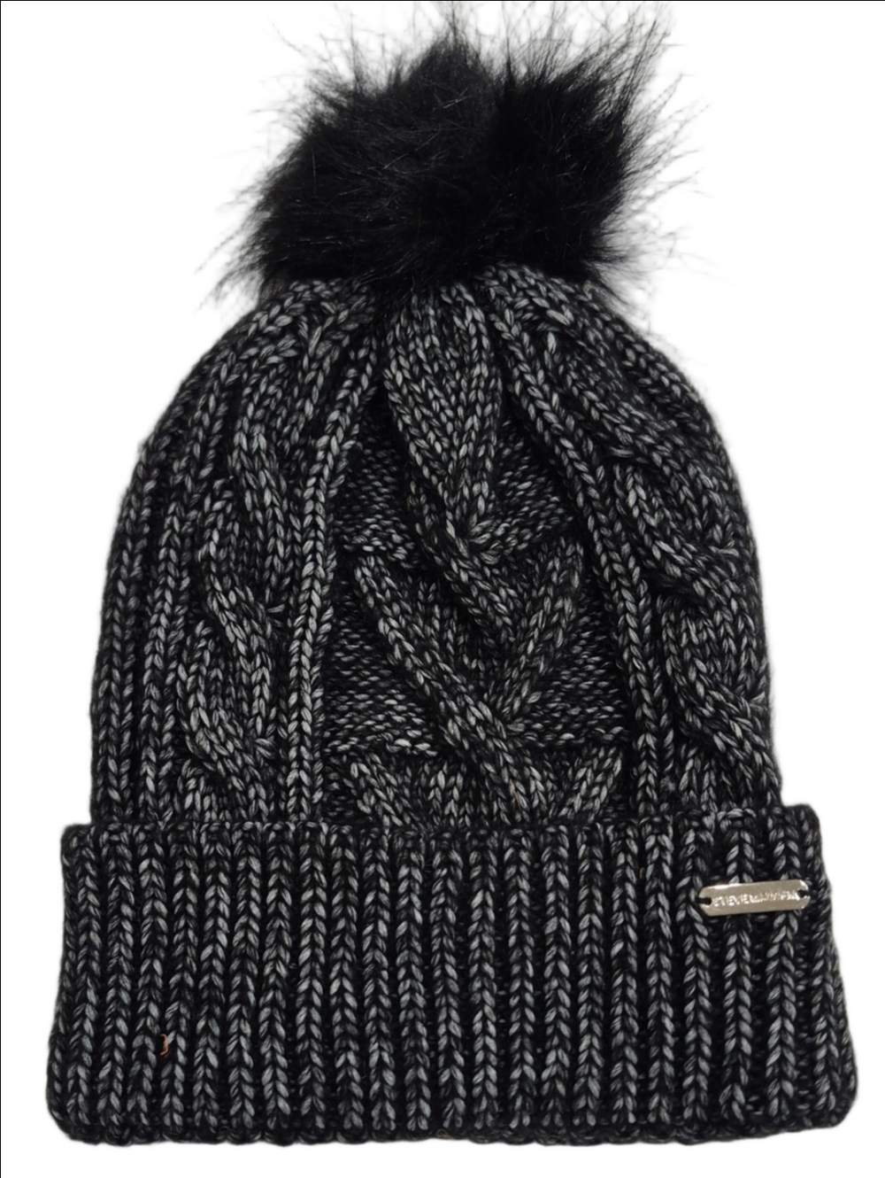 Steve Madden Black & Grey Cable Knit Faux Fur Pom Beanie Hat OS
